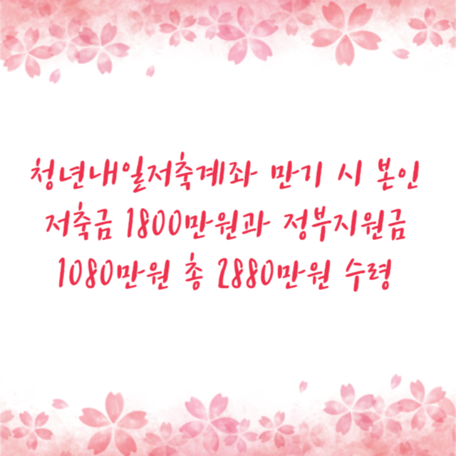 청년내일저축계좌 만기 시 본인 저축금 1800만원과 정부지원금 1080만원 총 2880만원 수령