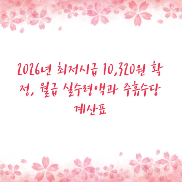 2026년 최저시급 10,320원 확정, 월급 실수령액과 주휴수당 계산표